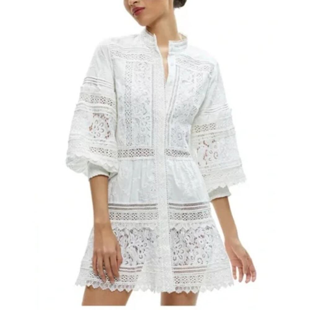 ALICE AND OLIVIA XLARGE CALIN TIERED LACE MINI DRESS OFF WHITE MSRP $495